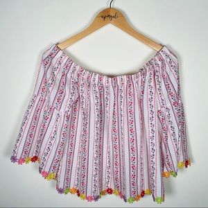 Very J Boho Striped Off The Shoulder Crochet Applique Floral Top Pink Size Large